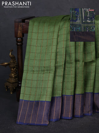 Pure tussar silk saree green and blue with allover zari checked pattern and zari woven border