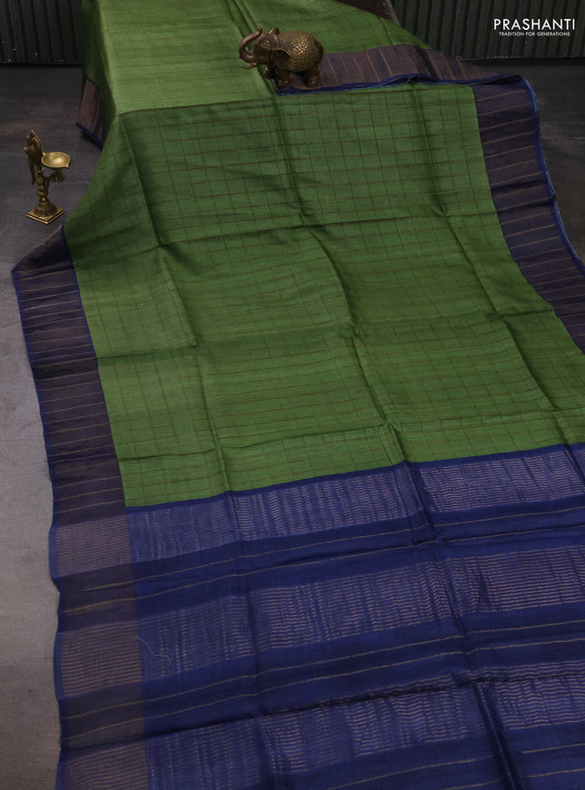Pure tussar silk saree green and blue with allover zari checked pattern and zari woven border