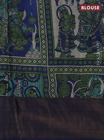 Pure tussar silk saree green and blue with allover zari checked pattern and zari woven border
