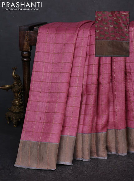 Pure tussar silk saree pink shade and grey with allover zari checked pattern and zari woven border