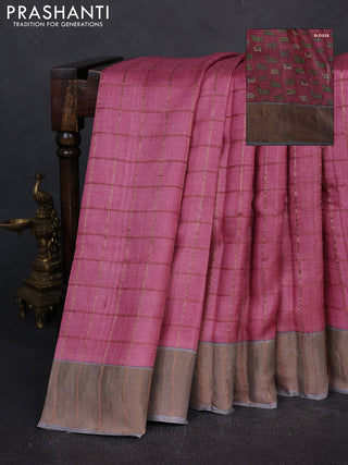 Pure tussar silk saree pink shade and grey with allover zari checked pattern and zari woven border