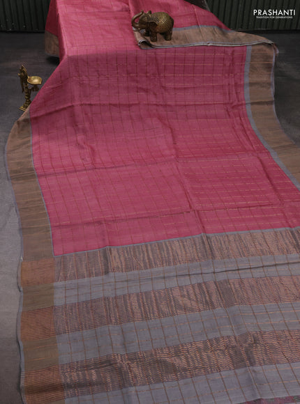 Pure tussar silk saree pink shade and grey with allover zari checked pattern and zari woven border