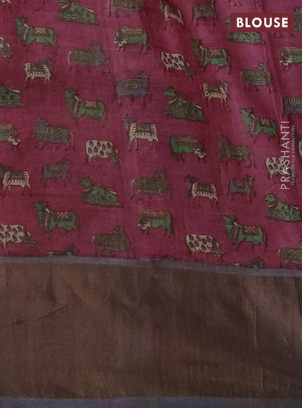 Pure tussar silk saree pink shade and grey with allover zari checked pattern and zari woven border