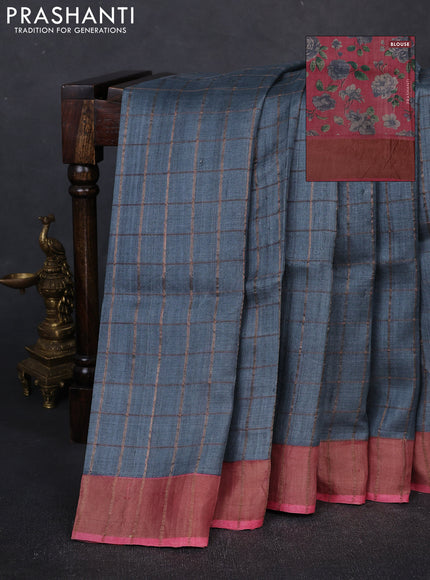 Pure tussar silk saree grey and pink shade with allover zari checked pattern and zari woven border