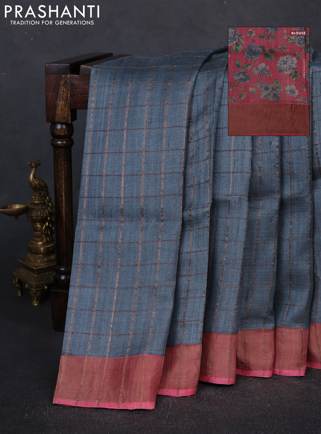 Pure tussar silk saree grey and pink shade with allover zari checked pattern and zari woven border