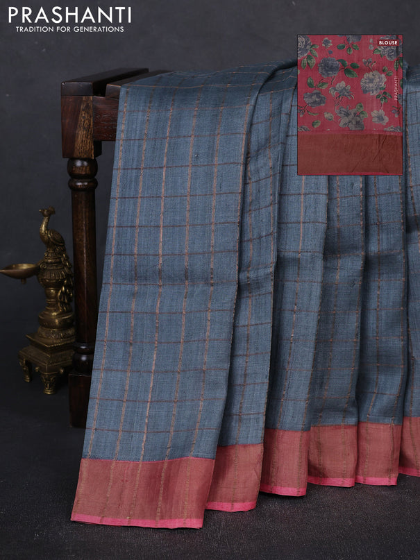 Pure tussar silk saree grey and pink shade with allover zari checked pattern and zari woven border