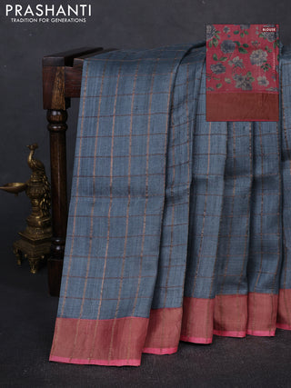 Pure tussar silk saree grey and pink shade with allover zari checked pattern and zari woven border