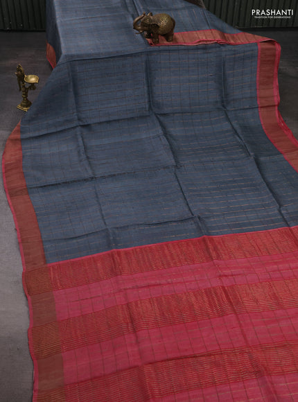 Pure tussar silk saree grey and pink shade with allover zari checked pattern and zari woven border