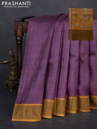 Pure tussar silk saree purple and mustard yellow with allover zari checked pattern and zari woven border