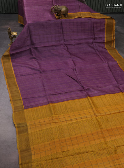 Pure tussar silk saree purple and mustard yellow with allover zari checked pattern and zari woven border