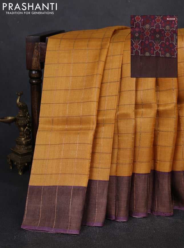 Pure tussar silk saree mustard yellow and purple with allover zari checked pattern and zari woven border