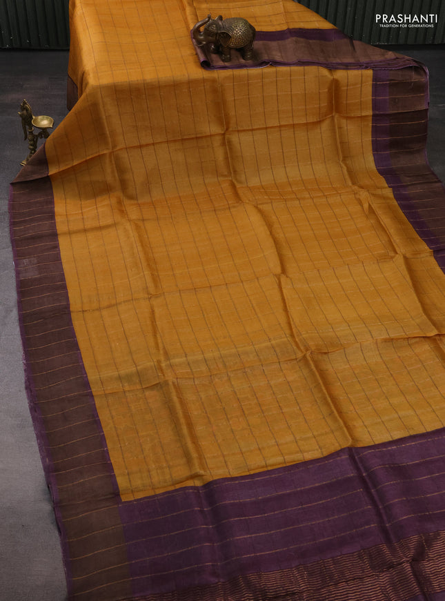 Pure tussar silk saree mustard yellow and purple with allover zari checked pattern and zari woven border