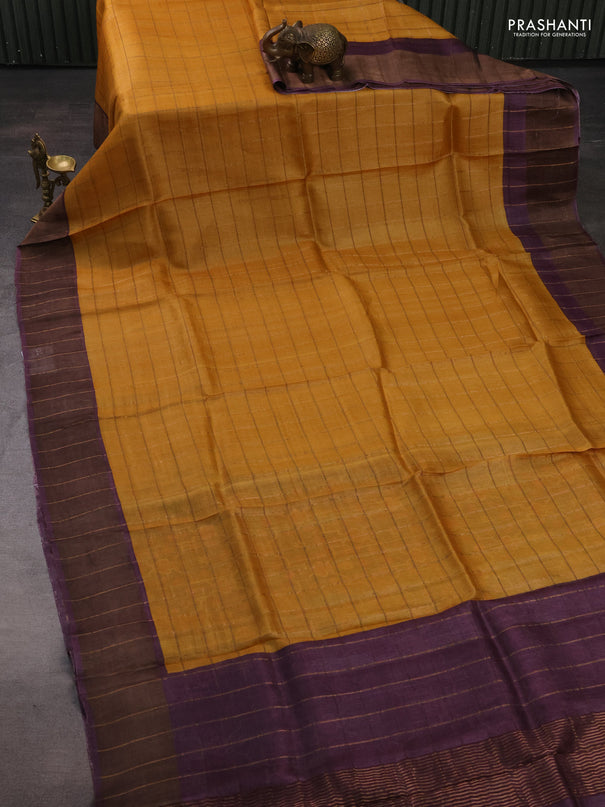 Pure tussar silk saree mustard yellow and purple with allover zari checked pattern and zari woven border