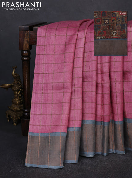 Pure tussar silk saree pastel pink and grey with allover zari checked pattern and zari woven border