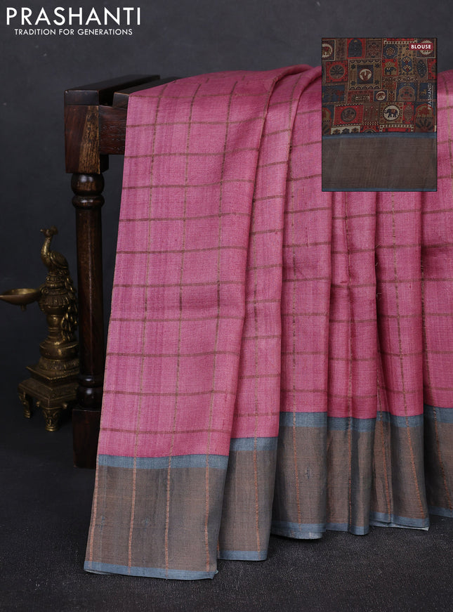 Pure tussar silk saree pastel pink and grey with allover zari checked pattern and zari woven border
