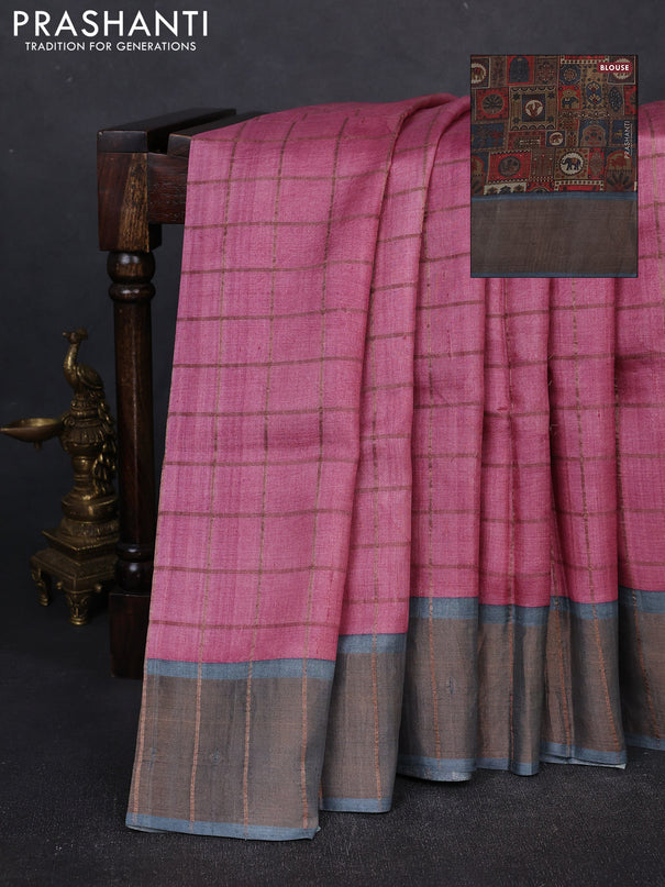 Pure tussar silk saree pastel pink and grey with allover zari checked pattern and zari woven border