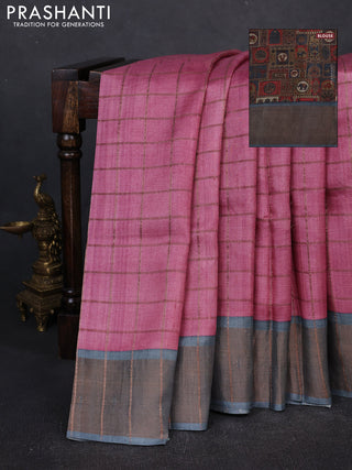 Pure tussar silk saree pastel pink and grey with allover zari checked pattern and zari woven border