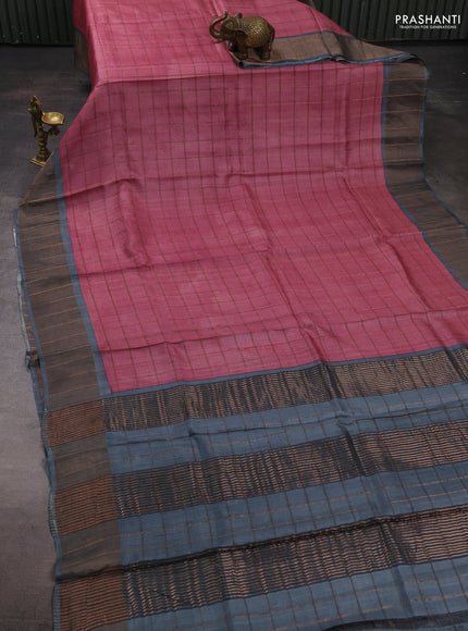 Pure tussar silk saree pastel pink and grey with allover zari checked pattern and zari woven border