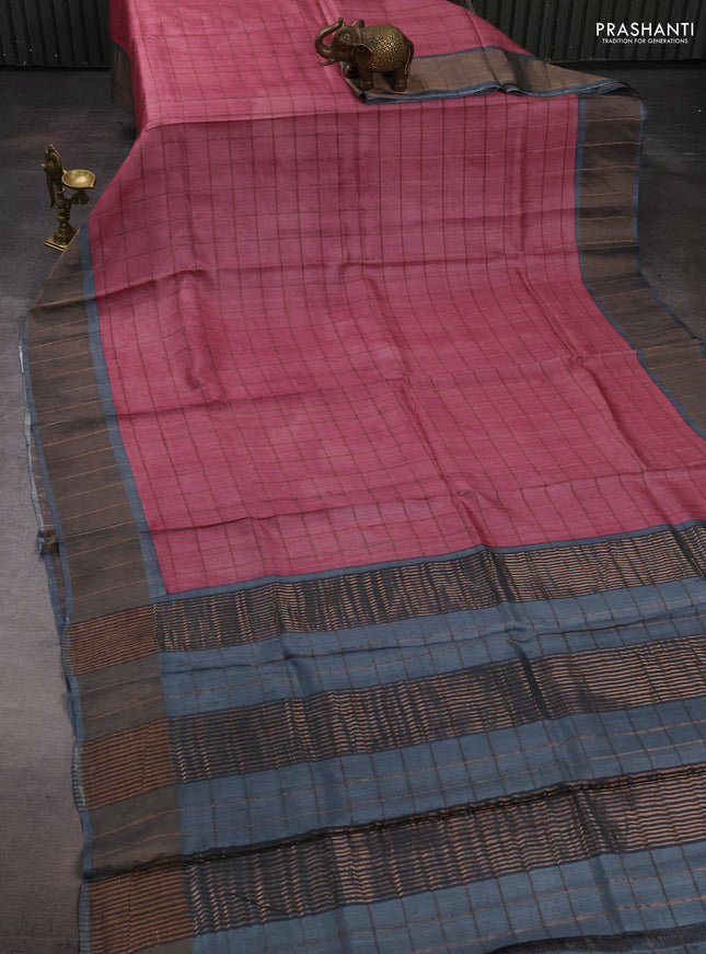Pure tussar silk saree pastel pink and grey with allover zari checked pattern and zari woven border