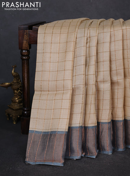 Pure tussar silk saree cream and peacock blue with allover zari checked pattern and zari woven border