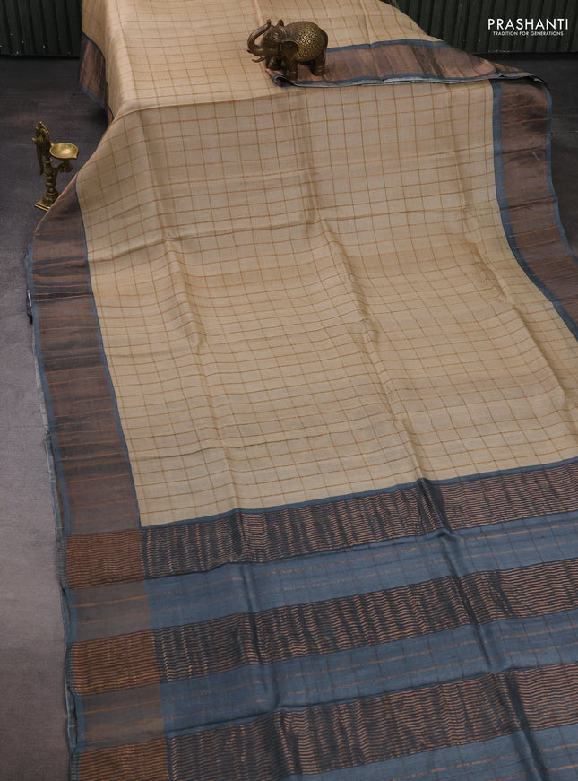 Pure tussar silk saree cream and peacock blue with allover zari checked pattern and zari woven border
