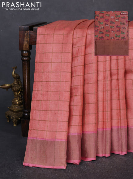 Pure tussar silk saree peach orange and pink with allover zari checked pattern and zari woven border