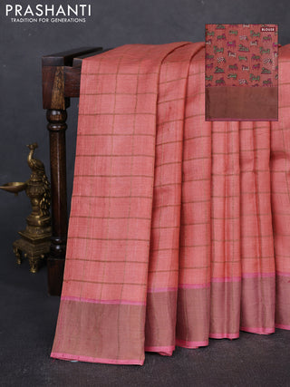 Pure tussar silk saree peach orange and pink with allover zari checked pattern and zari woven border