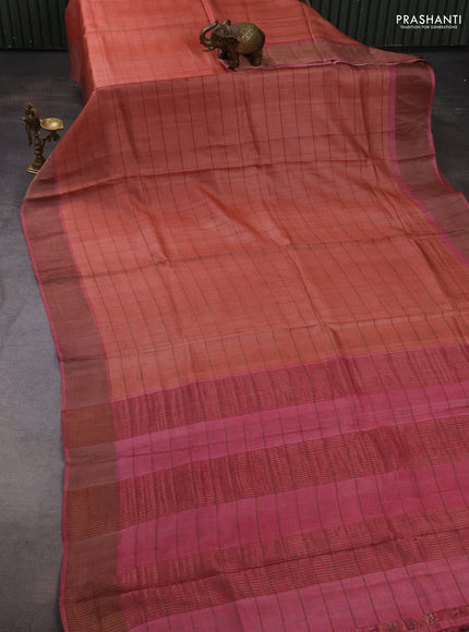 Pure tussar silk saree peach orange and pink with allover zari checked pattern and zari woven border