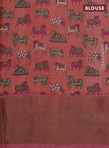 Pure tussar silk saree peach orange and pink with allover zari checked pattern and zari woven border