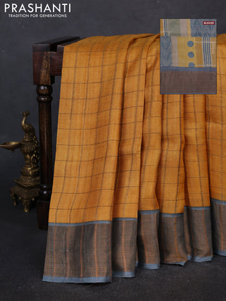 Pure tussar silk saree mustard yellow and grey with allover zari checked pattern and zari woven border
