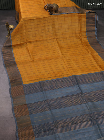 Pure tussar silk saree mustard yellow and grey with allover zari checked pattern and zari woven border
