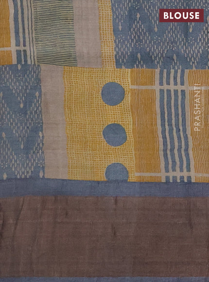 Pure tussar silk saree mustard yellow and grey with allover zari checked pattern and zari woven border