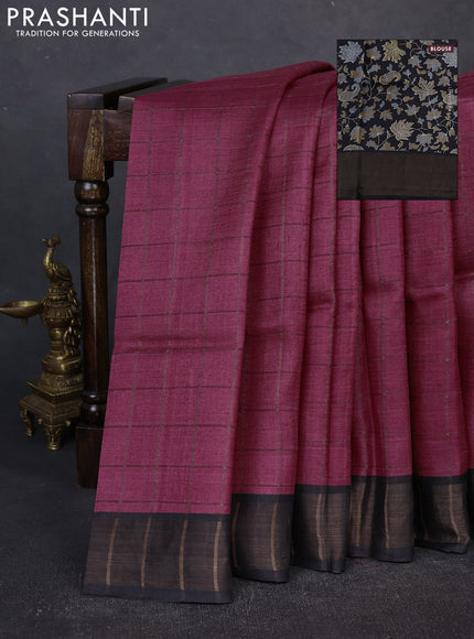 Pure tussar silk saree maroon and black with allover zari checked pattern and zari woven border
