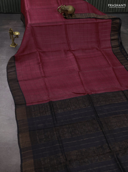 Pure tussar silk saree maroon and black with allover zari checked pattern and zari woven border