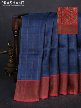 Pure tussar silk saree peacock blue and red with allover zari checked pattern and zari woven border
