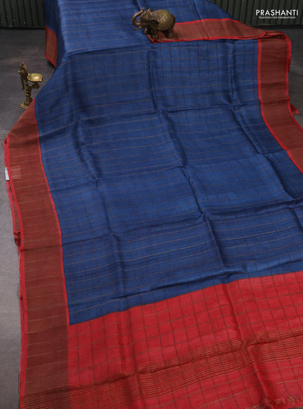 Pure tussar silk saree peacock blue and red with allover zari checked pattern and zari woven border