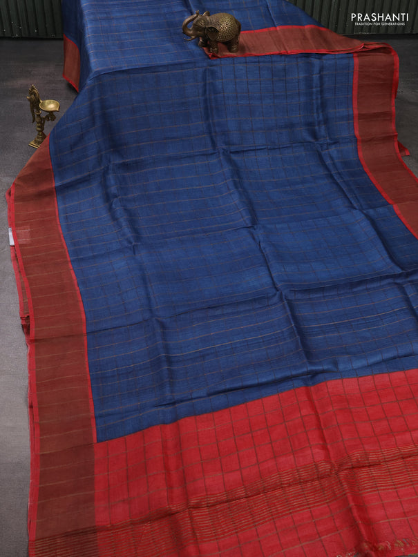 Pure tussar silk saree peacock blue and red with allover zari checked pattern and zari woven border