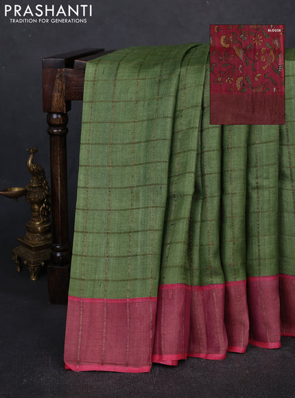 Pure tussar silk saree mehendi green and pink with allover zari checked pattern and zari woven border