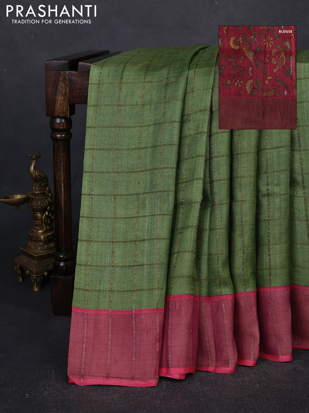 Pure tussar silk saree mehendi green and pink with allover zari checked pattern and zari woven border