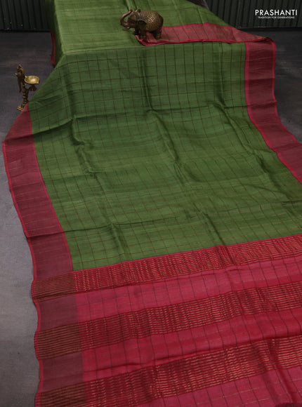 Pure tussar silk saree mehendi green and pink with allover zari checked pattern and zari woven border