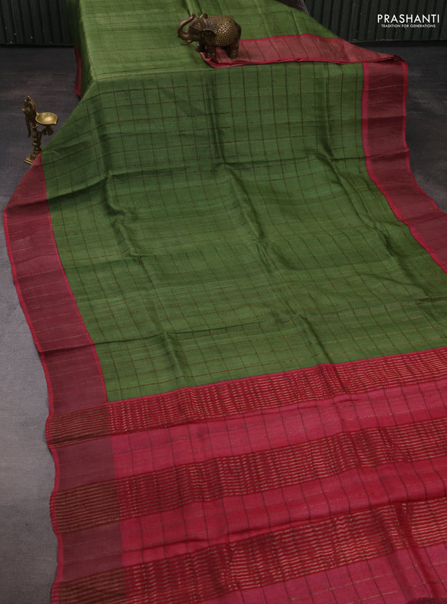 Pure tussar silk saree mehendi green and pink with allover zari checked pattern and zari woven border