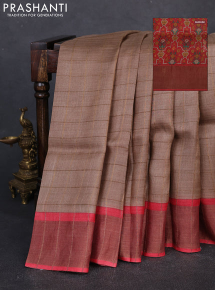 Pure tussar silk saree beige and red with allover zari checked pattern and zari woven border