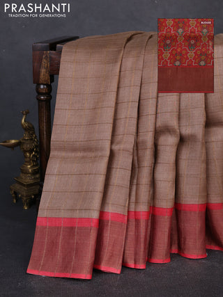 Pure tussar silk saree beige and red with allover zari checked pattern and zari woven border