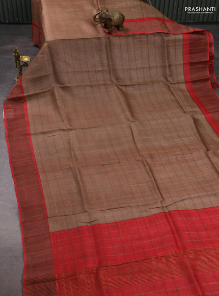 Pure tussar silk saree beige and red with allover zari checked pattern and zari woven border