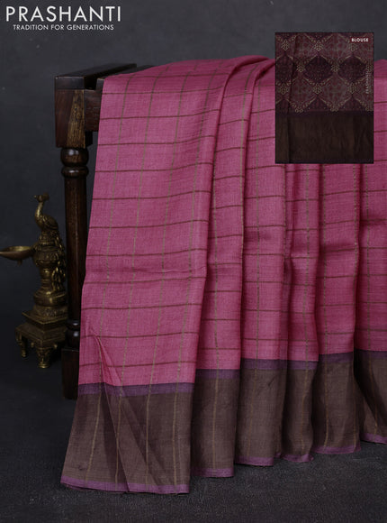 Pure tussar silk saree pink and deep jamun with allover zari checked pattern and zari woven border