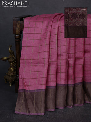 Pure tussar silk saree pink and deep jamun with allover zari checked pattern and zari woven border
