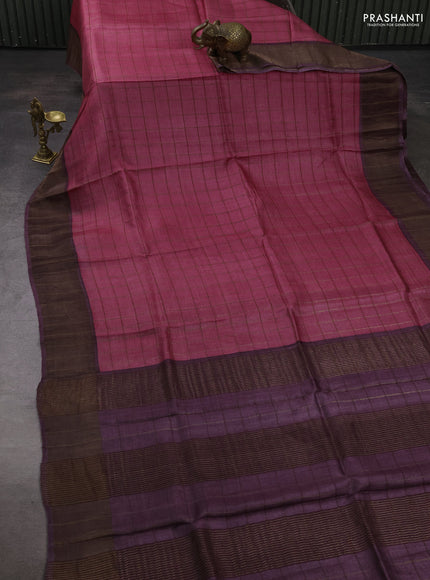 Pure tussar silk saree pink and deep jamun with allover zari checked pattern and zari woven border