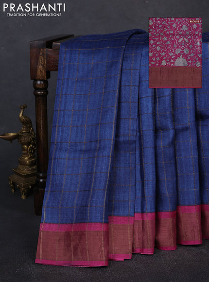 Pure tussar silk saree blue and pink with allover zari checked pattern and zari woven border