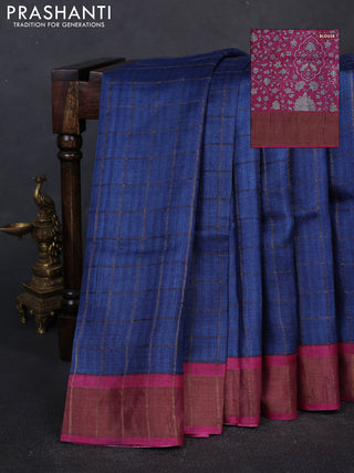Pure tussar silk saree blue and pink with allover zari checked pattern and zari woven border