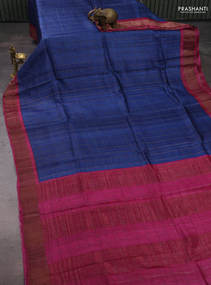 Pure tussar silk saree blue and pink with allover zari checked pattern and zari woven border